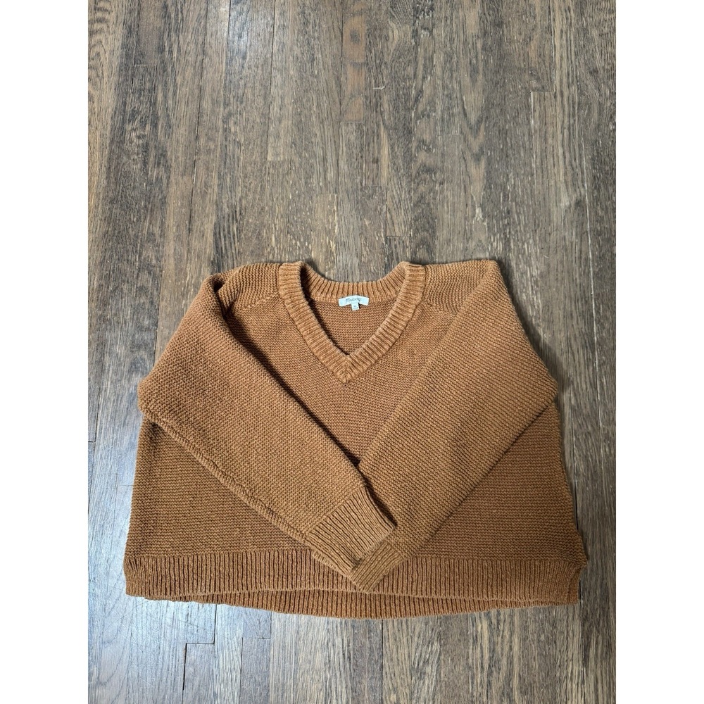 Madewell Womens XL V-Neck Sweater Brown 100% Cotton Chunky Seed Stitch Body
